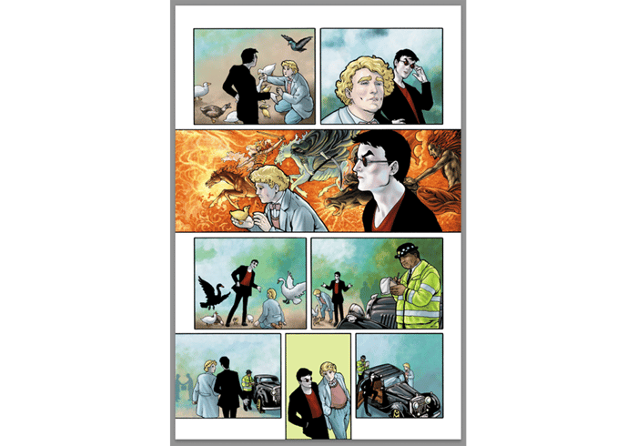 A full page of the Good Omens graphic novel shown in CMYK.