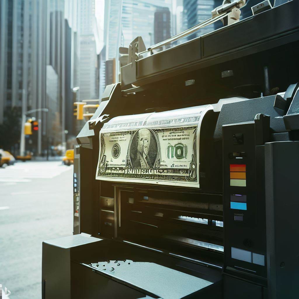 a printer that prints US Dollars in the middle of a financial district