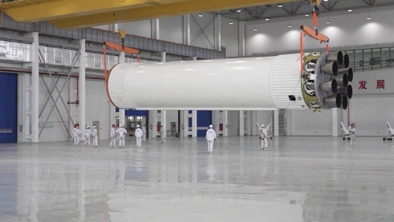 The lower half of the Tianlong-3 first-stage being moved across the Zhangjiagang facility.