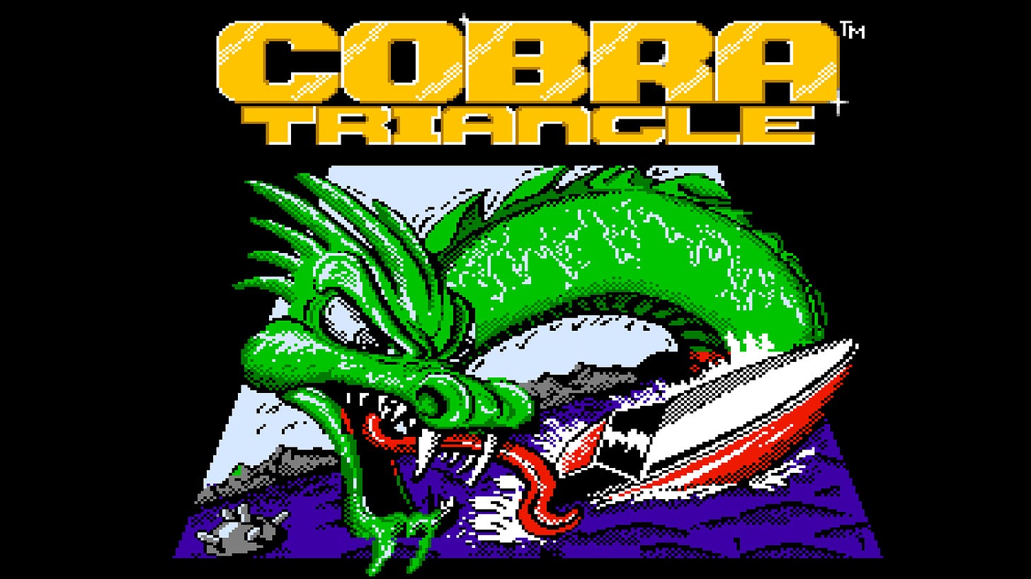 A screenshot of the screen seen in Cobra Triangle after completing the game and the credits have rolled — it precedes the title screen coming back. A large green, serpentine dragon attempts to lash out with its mouth at a red and white speedboat. A mine is visible in the foreground, as well, and rocky coast is in the background. The game's logo, all-caps "Cobra Triangle" in gold text, is above the image.