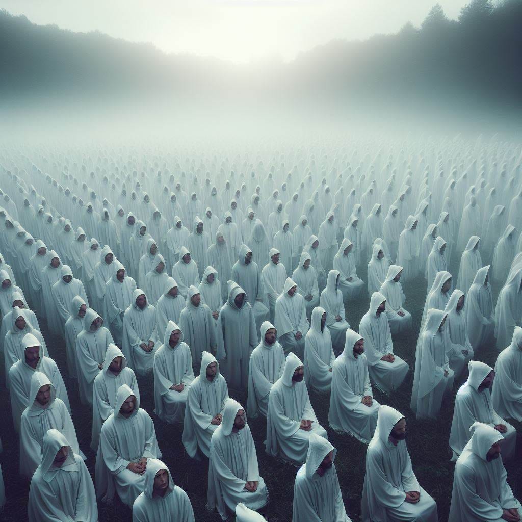 multidão silenciosa, vestida de branco