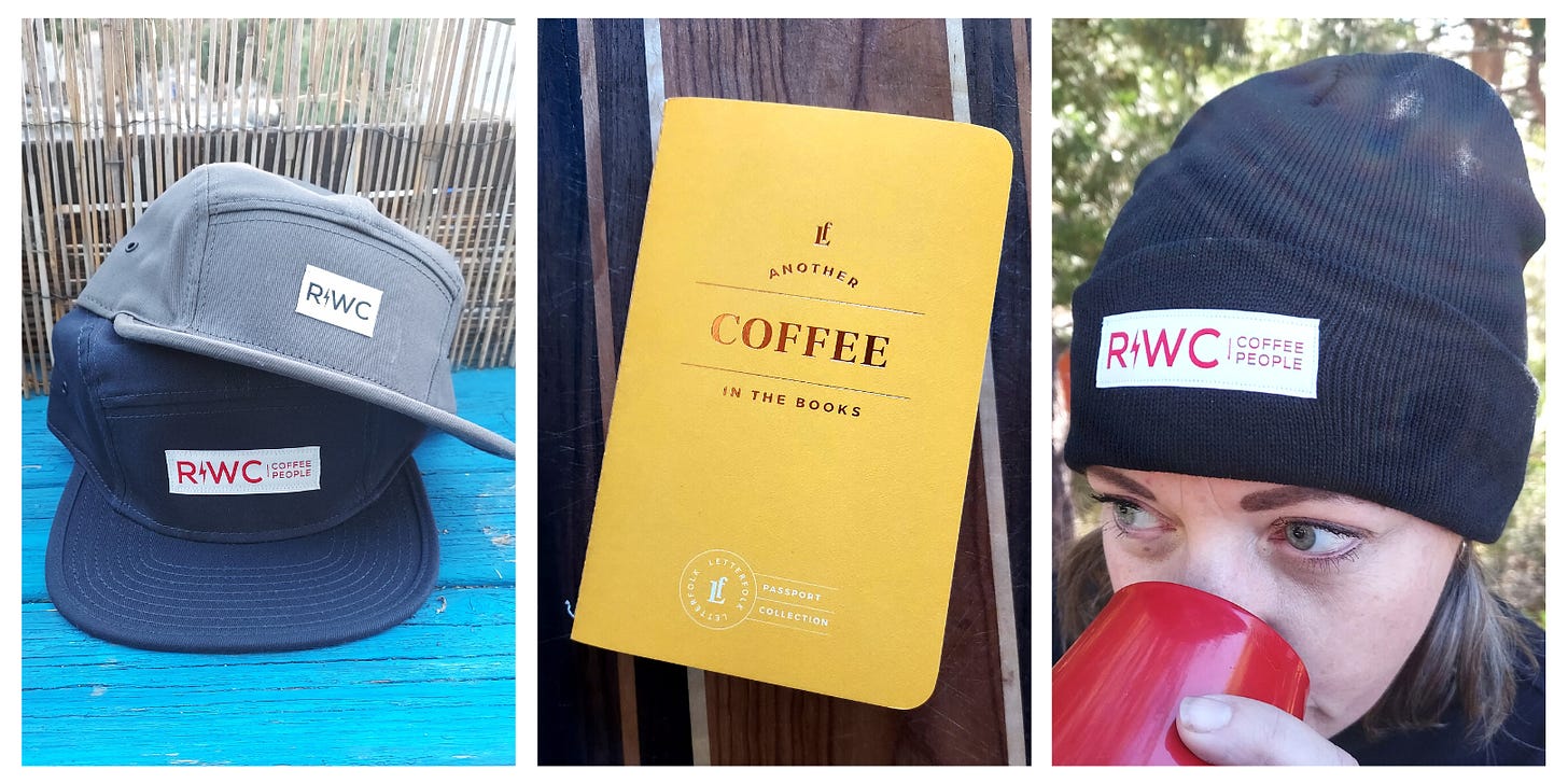Left: A grey cap is stacked on a navy blue one on a wooden picnic table. Center: A yellow pocketsize coffee journal. Right: A woman looks away while drinking coffee in front of a tree. The focus is on a navy blue stocking cap with a white woven tag featuring red lettering.