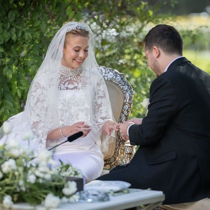 Smiling bride and groom