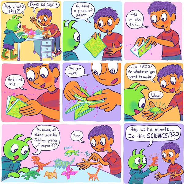 Zark the green alien watches Mark the boy with curly purple hair fold a lime green square paper in half. Mark folds it into a frog origami. Zark looks excited. There is a table covered in animals Mark has folded out of paper.