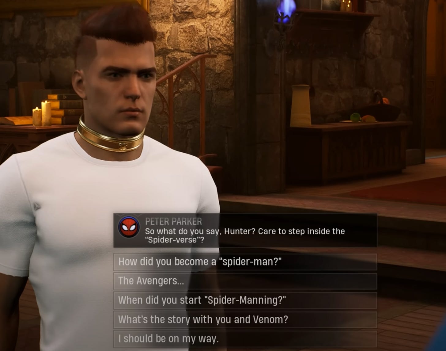 The main character asking Spider-Man to explain what his deal is.