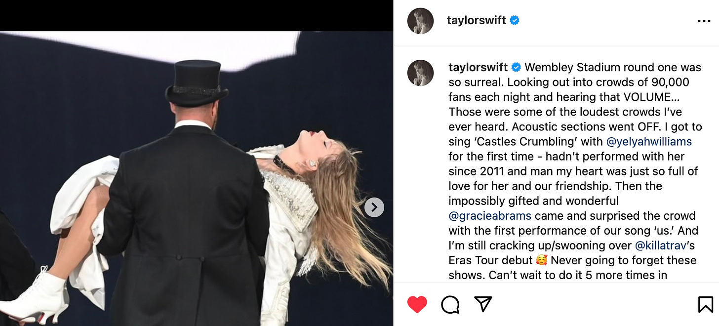 Instagram post by Taylor Swift. To the left is an image of a blonde woman in a white dress and boots (Taylor Swift) being carried off the stage by a man in a black coat and top hat (Travis Kelce). To the right is a text caption that can be read in full by clicking on the image and visiting Taylor Swift's Instagram feed.