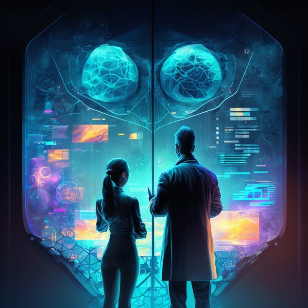 AI-generated image of a male and female scientist evaluating data on a futuristic smart glass display.