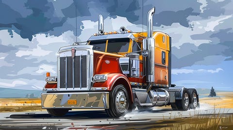 Cartoon-style semi-truck clipart with a bright orange body and red accents.