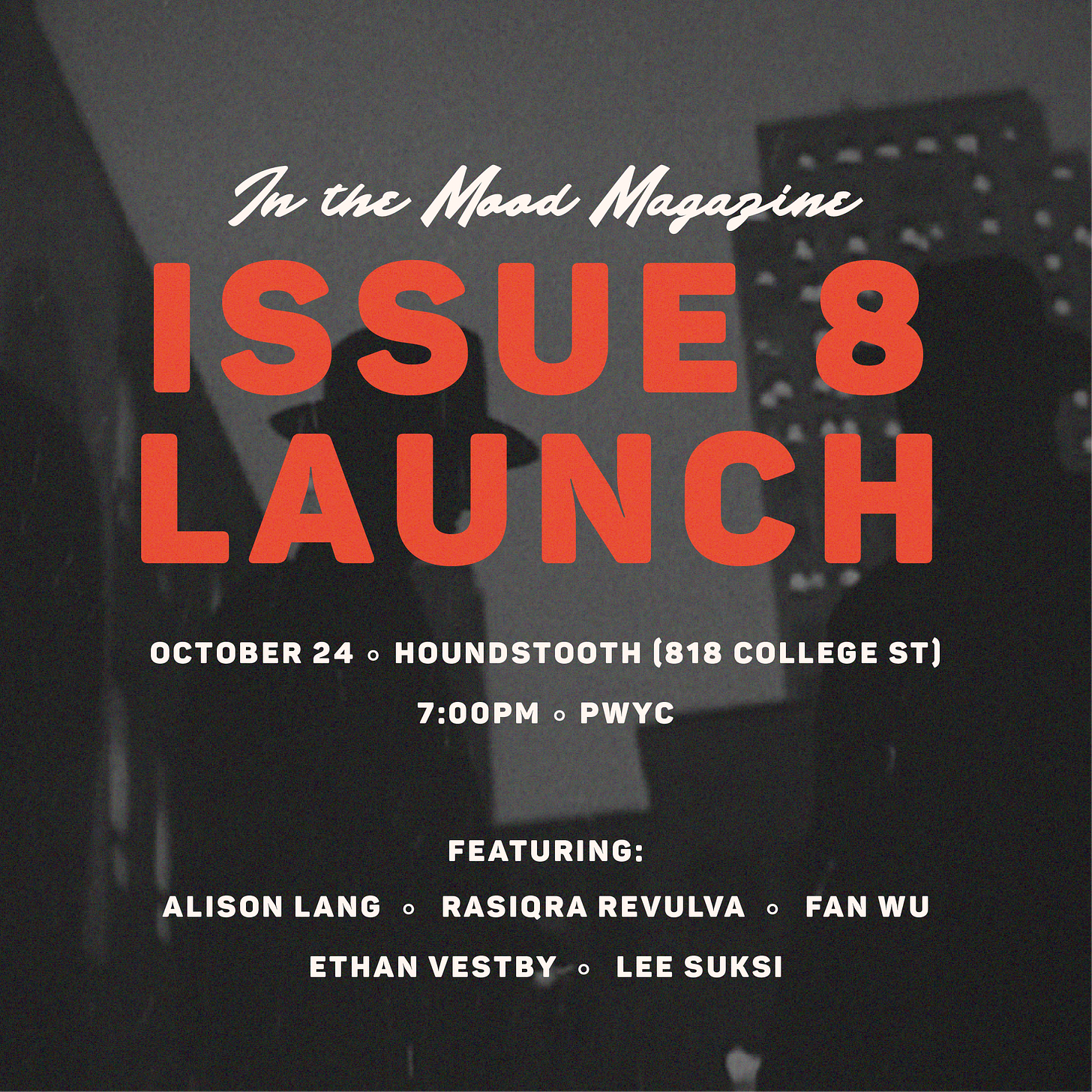 In The Mood Issue 8 launch poster with silhouettes of men in hats and trenchcoats against a city at night