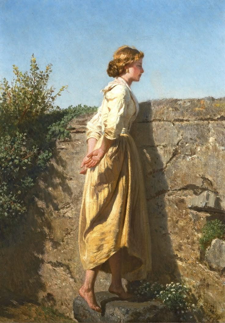 This may contain: a painting of a woman leaning against a stone wall