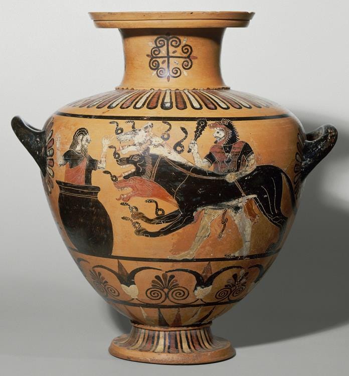 Color photograph of a vase with Herakles taking Kerberos to see Eurystheos