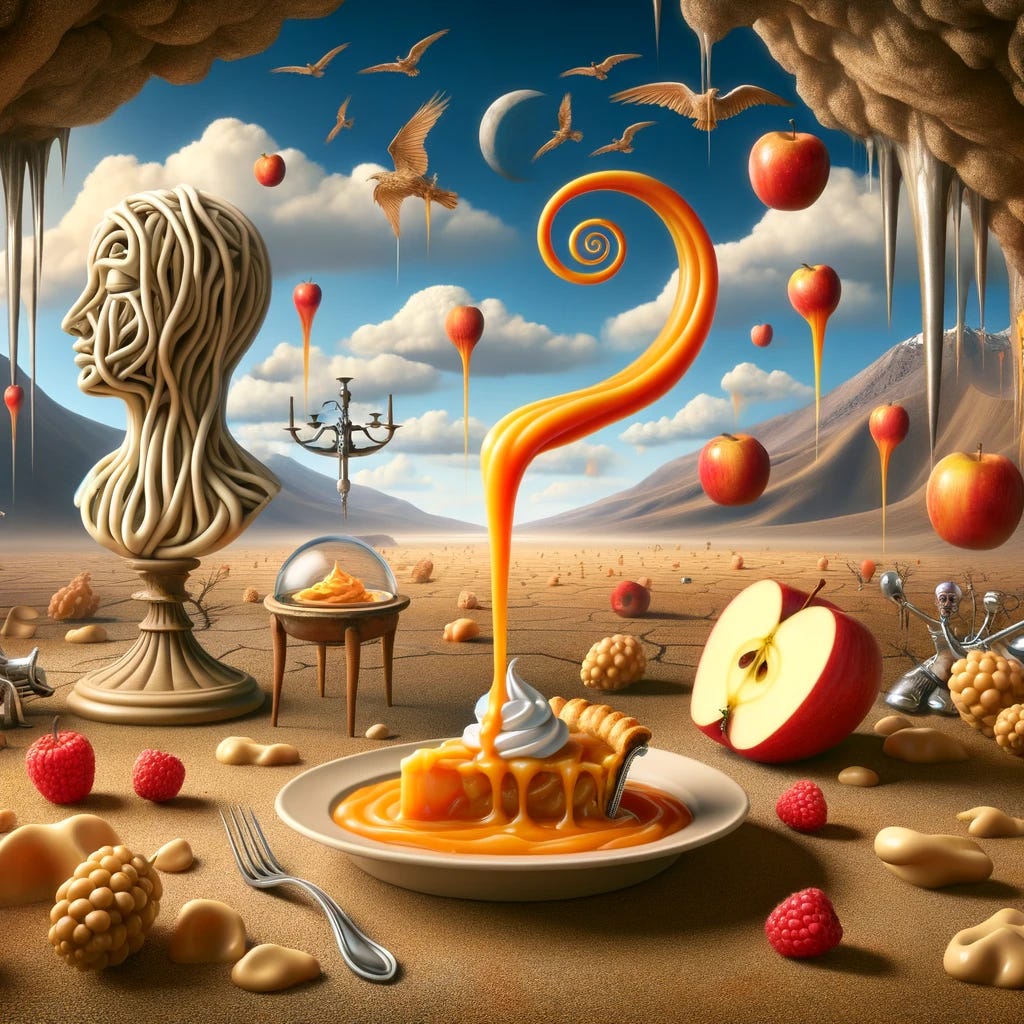 Create a surrealistic image inspired by the work of Salvador Dalí, depicting the concept of motherhood and apple pie. Incorporate elements characteristic of Dalí's style, such as dream-like landscapes, distorted forms, and symbolic objects. The scene should blend the nurturing essence of motherhood with the comforting symbol of apple pie in an imaginative and surreal environment, emphasizing the strange and uncanny while maintaining a sense of warmth and familiarity. Use elongated shadows, melting objects, and an arid landscape to capture the essence of Dalí's iconic surrealism.