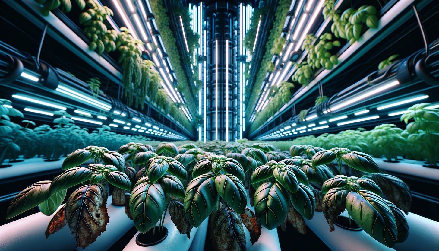 Indoor hydroponic system with basil leaves wilting under excessive nutrient levels, showcasing the risks of nutrient toxicity