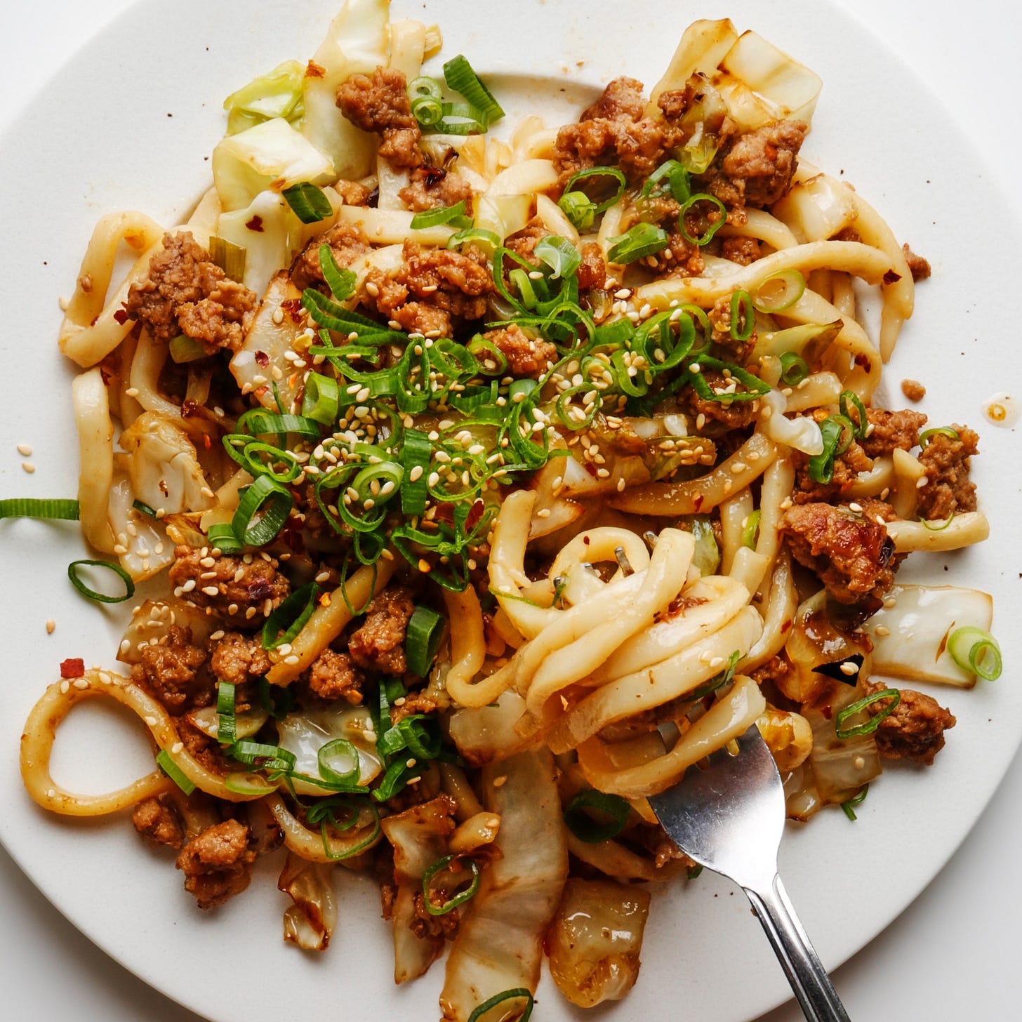 An udon noodle recipe with ground pork and scallions. The noodles are twirled onto a fork hovering over a dinner plate.