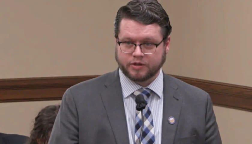 State Sen. Daniel Emrich (R-Great Falls) discusses his bill at the hearing.