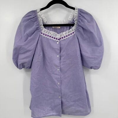 Vintage Jeri Bee Blouse Top Women's S Purple Lace Trim Puff Sleeve Button Front - Picture 1 of 9