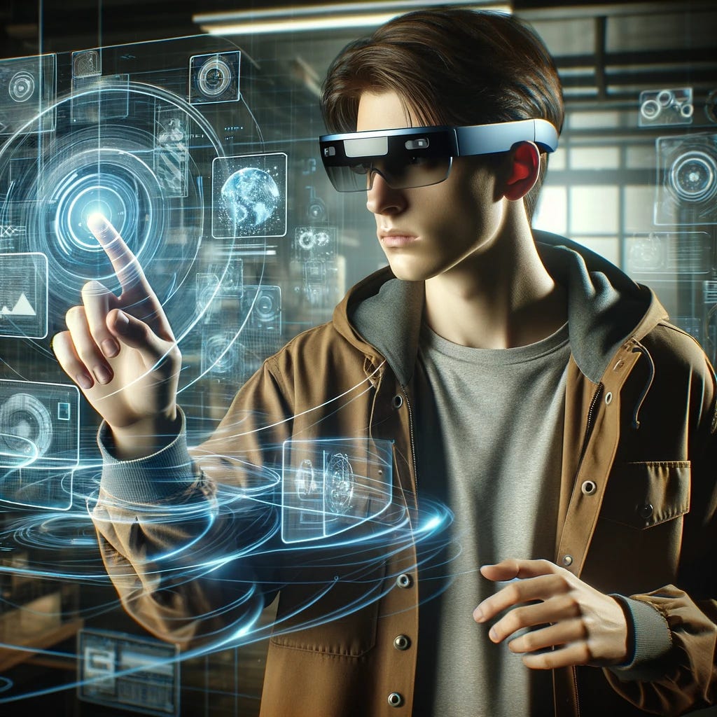 A person in a casual brown jacket is interacting with augmented reality interfaces swirling around them. The person is wearing modern, sleek augmented reality glasses and pointing towards floating digital panels displaying data and holographic images. The environment suggests a high-tech workspace, with a blend of practical and futuristic elements. The scene captures the person in the midst of manipulating virtual objects, illustrating a seamless blend of reality and digital enhancements.