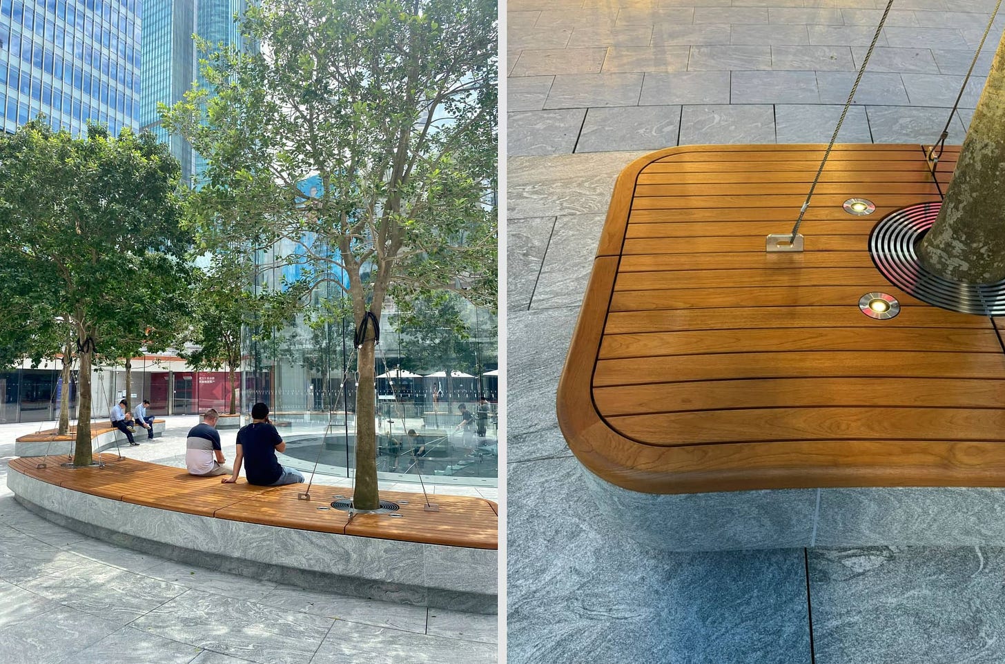 Two views of the plaza seating at Apple Pudong. The first photo shows visitors sitting below trees on the plaza, the second photo shows a closeup of the hardware anchored to the seats that supports each tree.