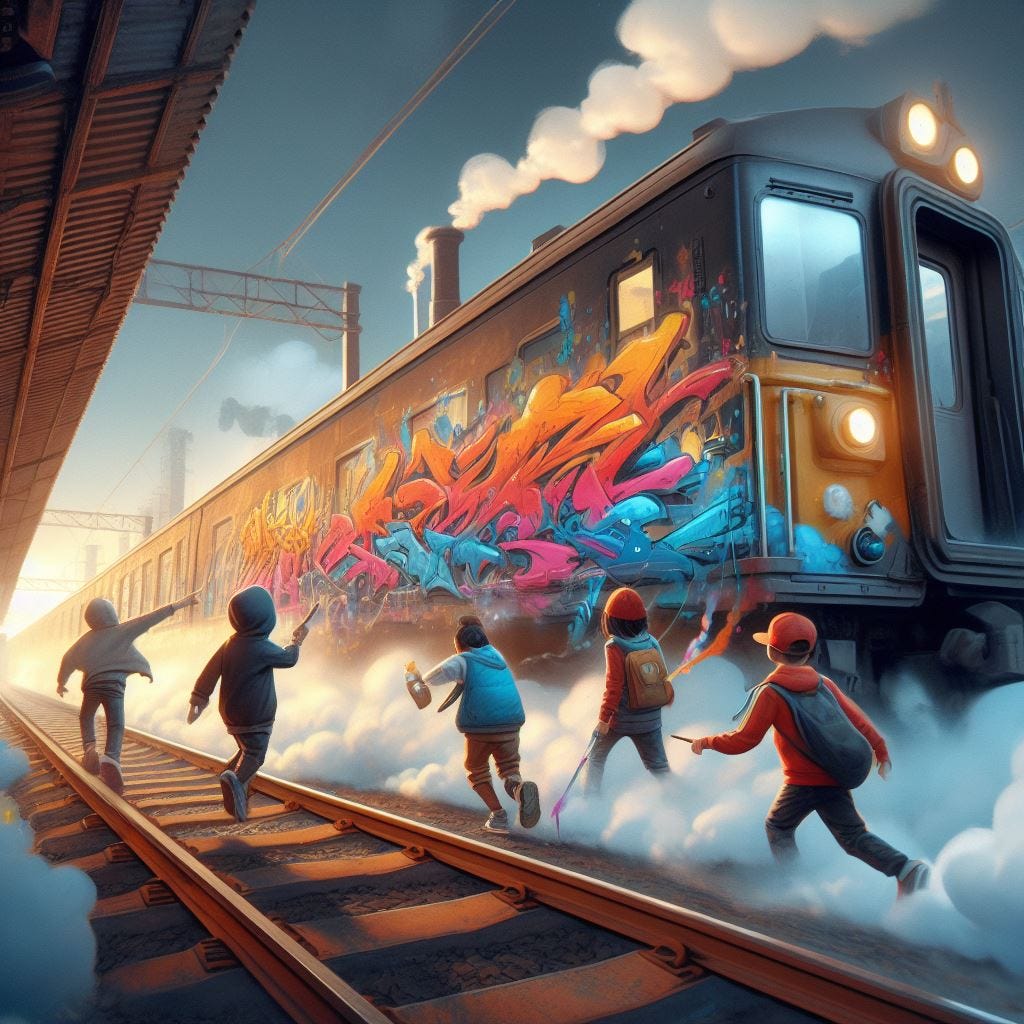 Kids doing graffiti on moving train, digital art