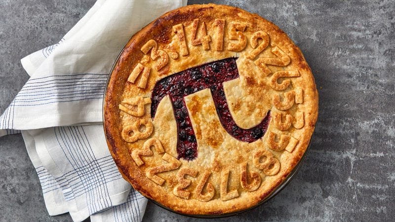 aerial view of a baked pie with the mathematical symbol of pi cut into the crust