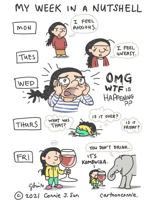 Journal comic about a week of rollercoaster emotions by Connie Sun, cartoonconnie. Large glass of kombucha wine.
