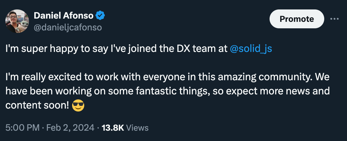 A tweet from danieljcafonso announcing he joined the Solid DX team