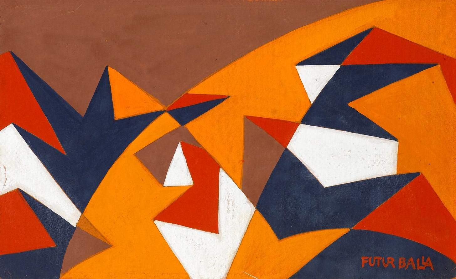 An expressionist painting with lines of orange, brown, red, white, and blue