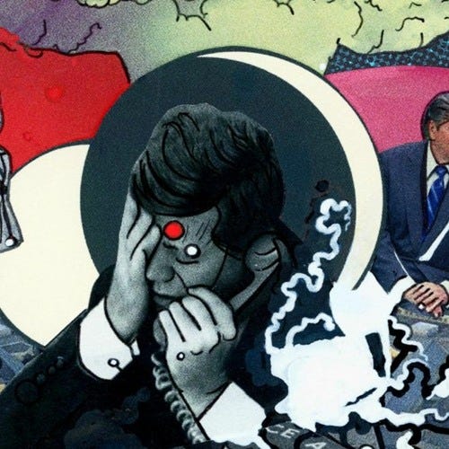 JFK agonizing on the phone in a pop art-stylized graphic