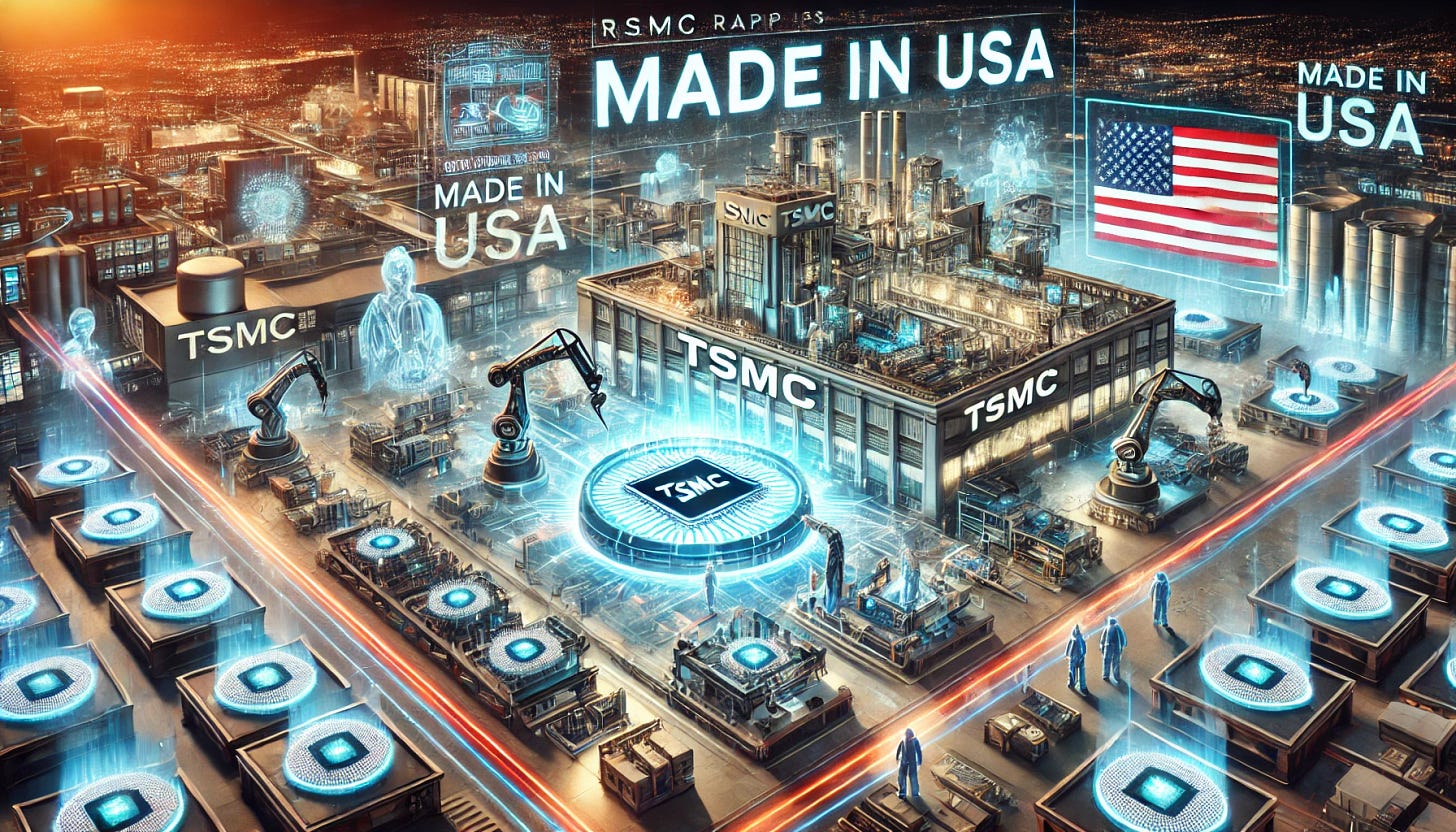 A 16:9 futuristic illustration showcasing TSMC ramping up its Arizona semiconductor ambitions. The scene features a massive, high-tech TSMC fabrication plant in Arizona, glowing with advanced chip manufacturing equipment. Engineers and robotic arms work on 2nm silicon wafers, symbolizing next-gen production. Holographic overlays display 'Made in USA' branding, reflecting the push for domestic semiconductor manufacturing. The background features an Arizona desert landscape with a futuristic city skyline, emphasizing the scale and impact of TSMC’s U.S. expansion.