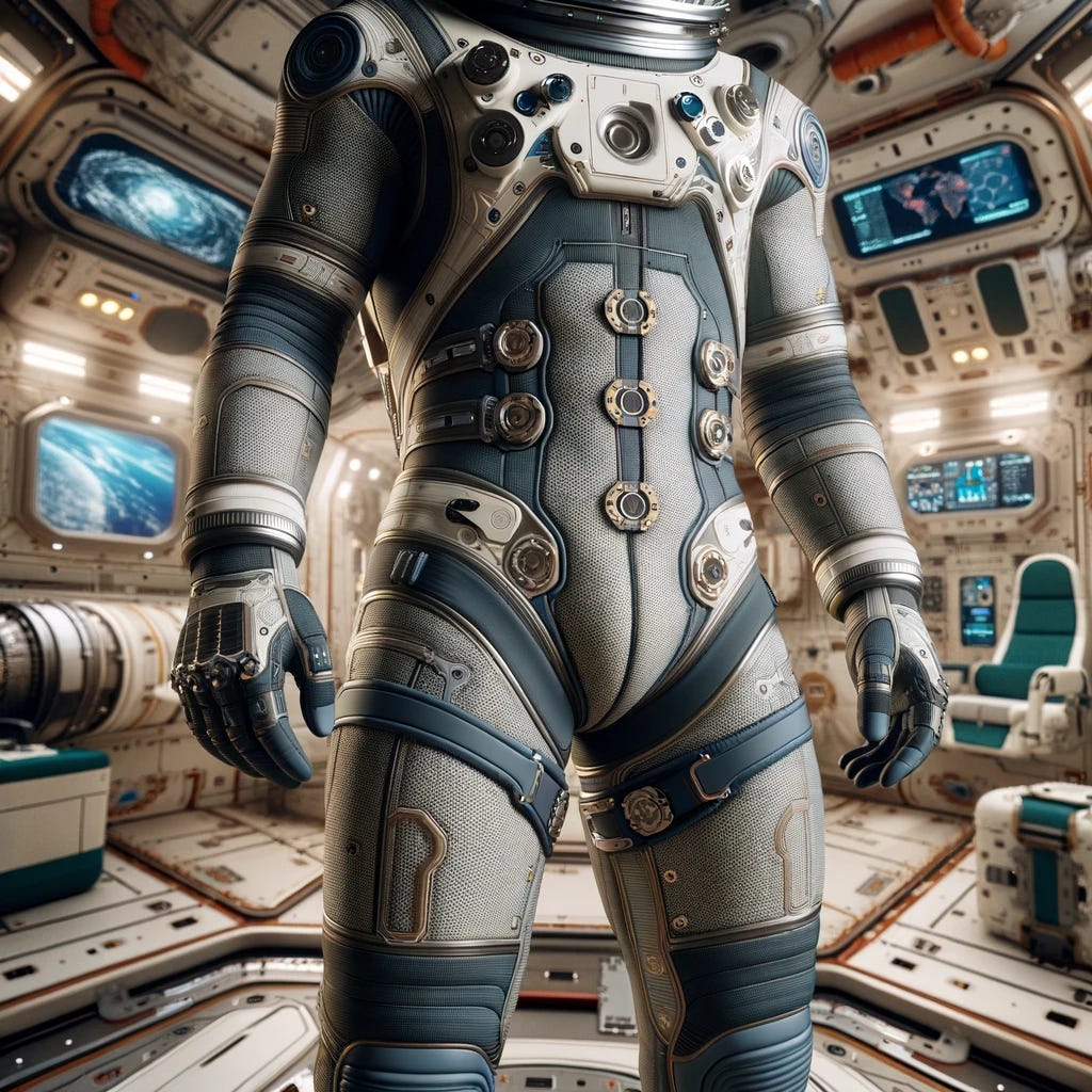 An astronaut in a space habitat wearing specialized underwear designed for long-duration space missions, showing the ergonomic design that accommodates the unique physical stresses of space travel. The background features the interior of a spacecraft with visible modules and equipment.