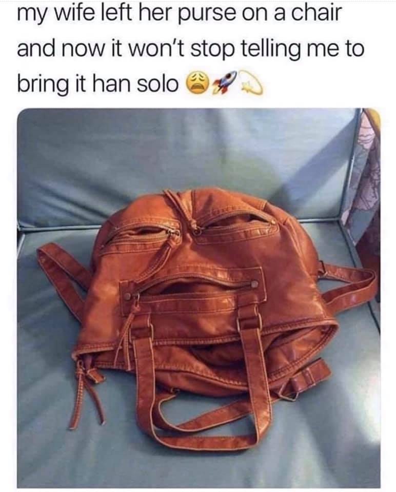 May be an image of text that says 'my wife left her purse on a chair and now it won't stop telling me to bring it han solo'