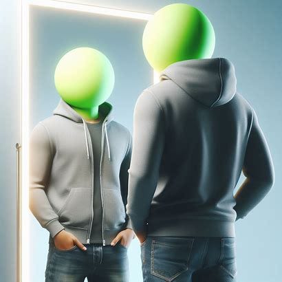 A man wears jeans and an unzipped gray hoodie (with the hood down at his back) looking at himself in a full-length mirror. There is bright lighting. The man does not have a head but instead has a basic bright neon green sphere in its place. The background is light blue.
