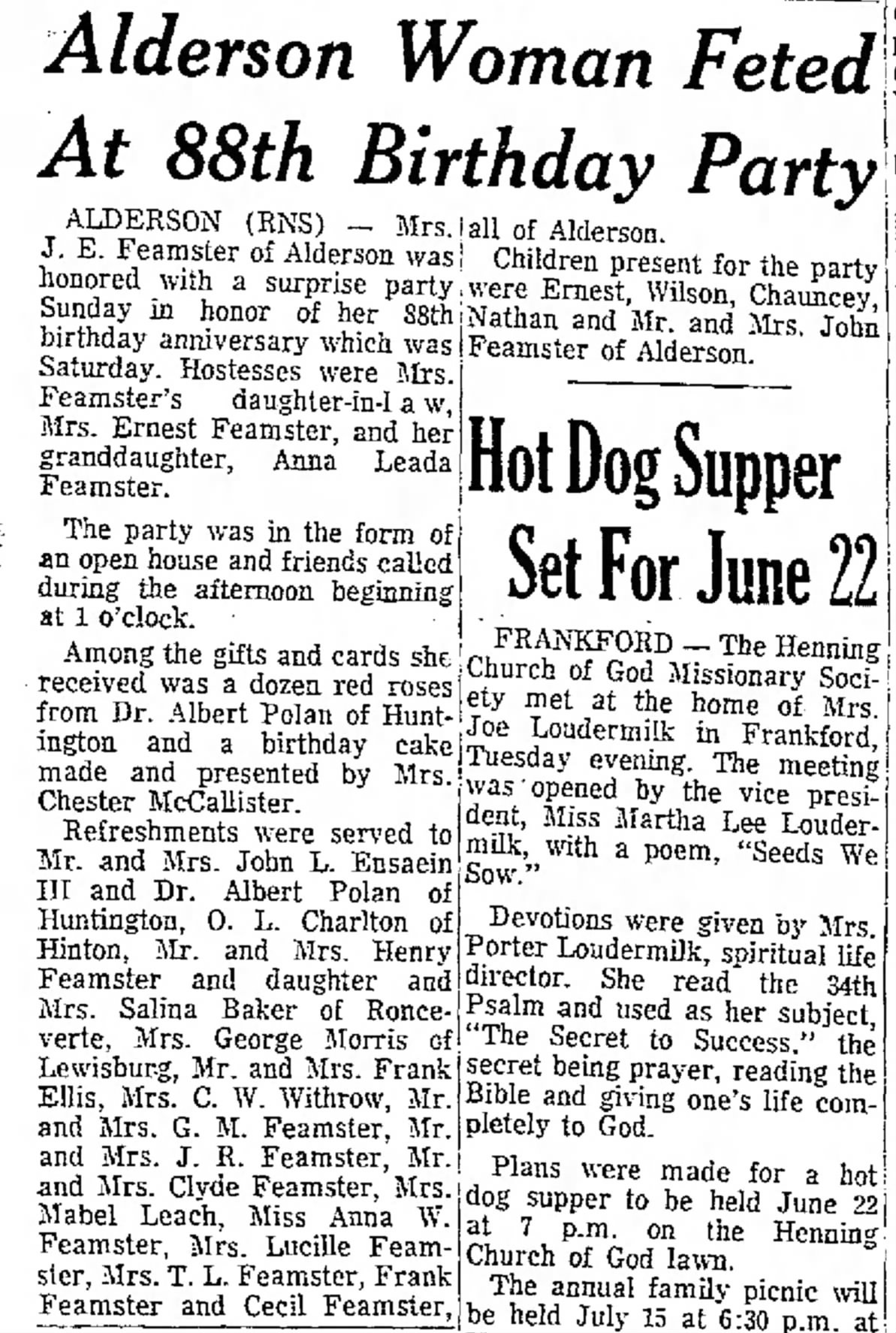 A newspaper article about J.E. Feamster's 88th birthday, attended by my grandfather, father, and mother. 