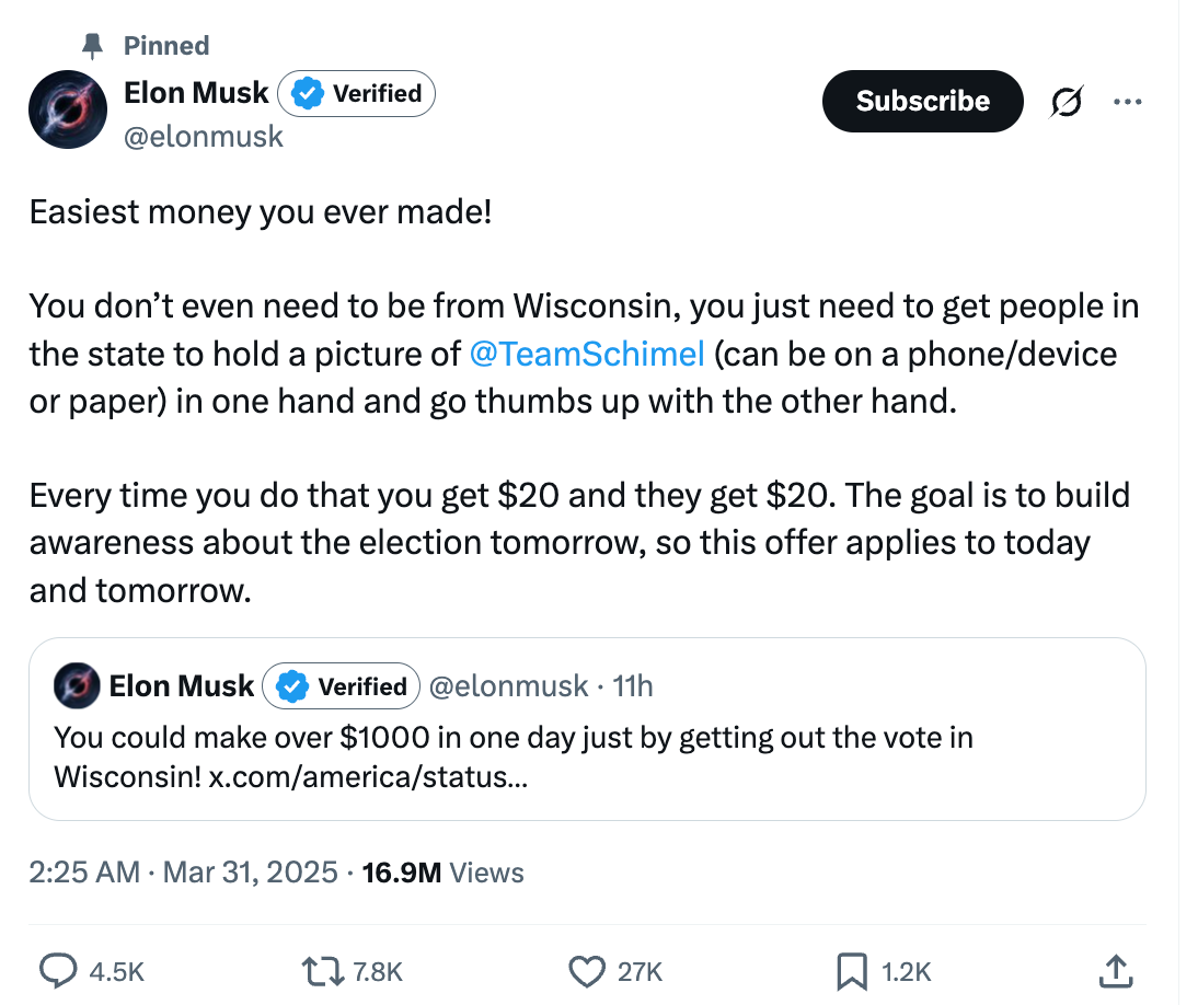 Easiest money you ever made! You don't even need to be from Wisconsin, you just need to get people in the state to hold a picture of @TeamSchimel (can be on a phone/device or paper) in one hand and go thumbs up with the other hand. Every time you do that you get $20 and they get $20. The goal is to build awareness about the election tomorrow, so this offer applies to today and tomorrow