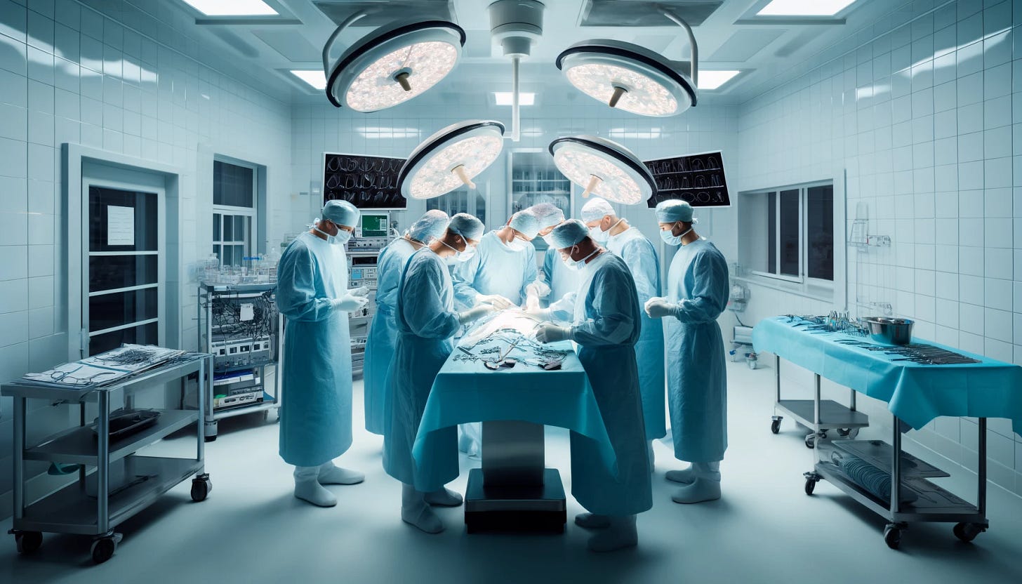 An operating room with gowned, masked, and gloved doctors surrounding an operating table. The doctors are focused and performing a surgery. The room is brightly lit with sterile white walls, and various medical equipment and monitors are visible around the room. The atmosphere is tense yet professional, with the doctors working diligently under the overhead surgical lights.