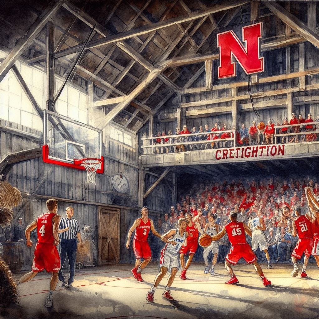 Basketball game between Creighton and Nebraska played in a barn, watercolor