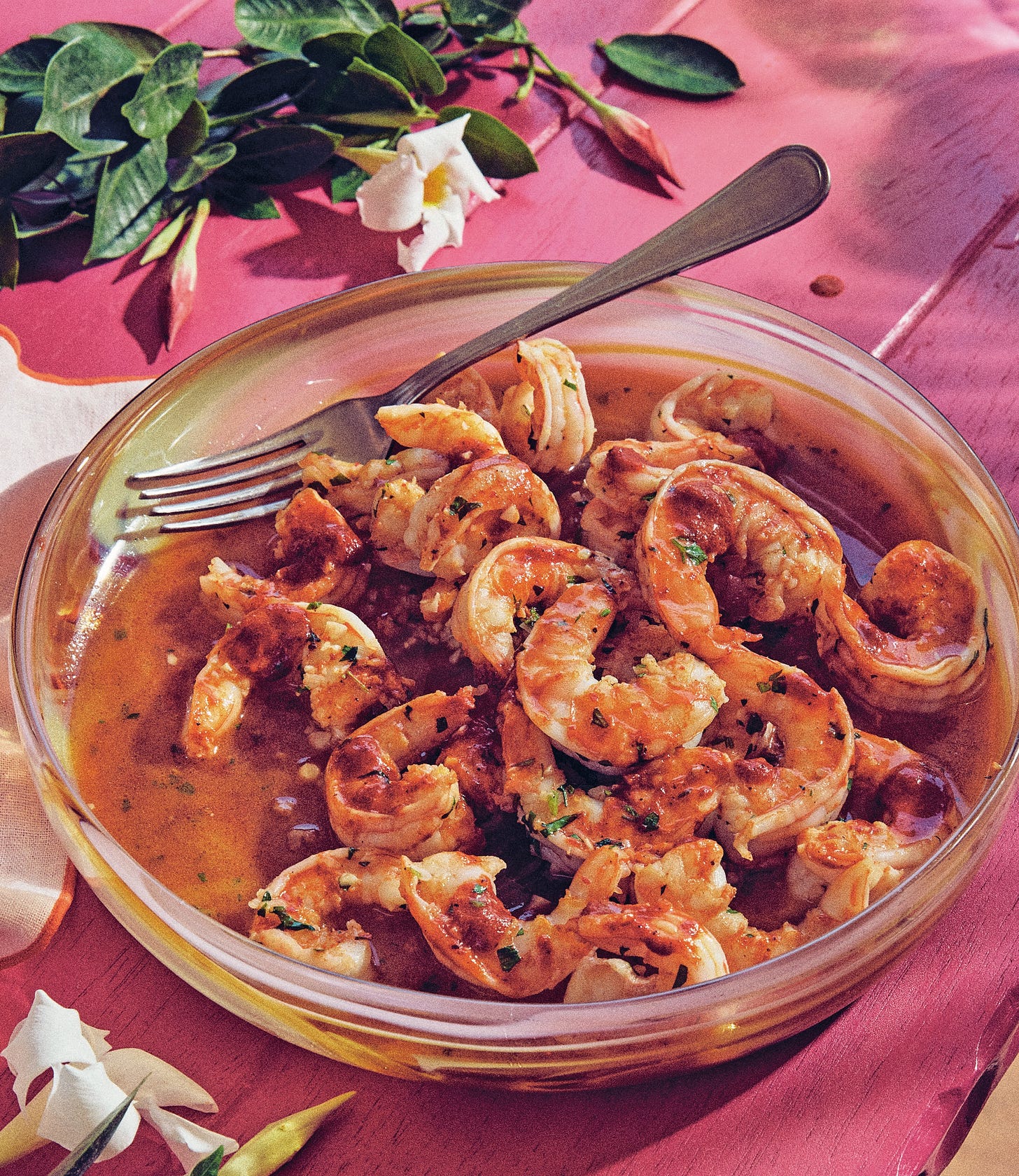 Bowl of shrimp in salsa.