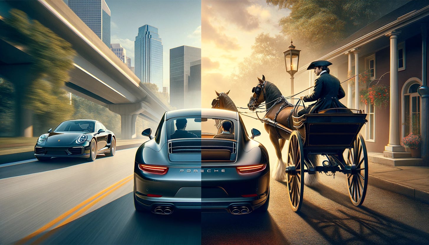 Create an image depicting a side-by-side comparison of two distinct modes of transportation: on the left, a person driving a modern Porsche, and on the right, a person driving a traditional horse and carriage. The Porsche should be sleek, sporty, and contemporary, reflecting the latest in automotive design. The driver is focused and enjoying the drive, dressed in casual, modern attire. In contrast, the horse and carriage on the right exude a classic, timeless charm. The carriage is elegantly designed, pulled by two well-groomed horses. The driver wears period clothing, showcasing a historical and more leisurely mode of travel. The background should blend seamlessly, transitioning from a modern cityscape for the Porsche to a serene, countryside landscape for the horse and carriage.