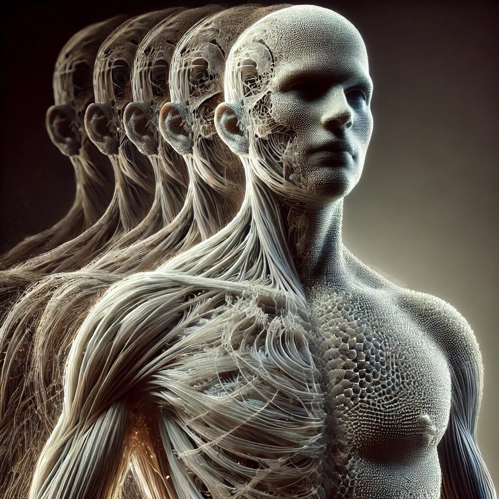 A human figure being created with multiple layers of fine, extruded fibers, similar to the introduction of Westworld. The image shows the process of forming a human shape with intricate, layered fibers being laid down in a precise and detailed manner. The background is a gradient from dark to light, providing depth and highlighting the complexity of the fiber construction. The fibers should appear semi-transparent and finely detailed, emphasizing the meticulous, layered creation of the human form, with a smooth and elegant appearance.