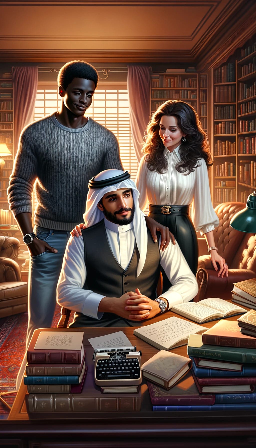 A digital painting of three people in a warmly lit, cozy room filled with books and a writing desk. The first person is a Black man, wearing a casual sweater and jeans, standing with a supportive smile. Beside him is a French woman, elegantly dressed in a chic blouse and skirt, her expression empathetic and encouraging. They are both comforting an Arab writer, who is seated at the desk, surrounded by manuscripts, looking thoughtful and a bit worried. The room exudes a sense of creativity and support, with soft lighting and bookshelves in the background.