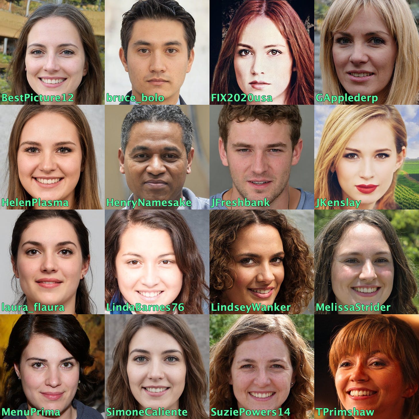 collage of profile pics: 16 GAN-generated faces that have been zoomed or shifted slightly off-center
