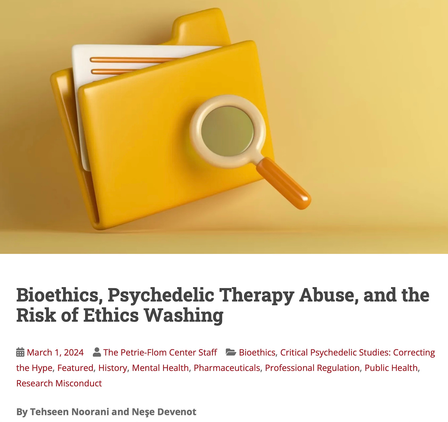 An article screenshot includes an illustrated file folder behind a magnifying glass as a header. The title reads "Bioethics, Psychedelic Therapy Abuse, and the Risk of Ethics Washing."