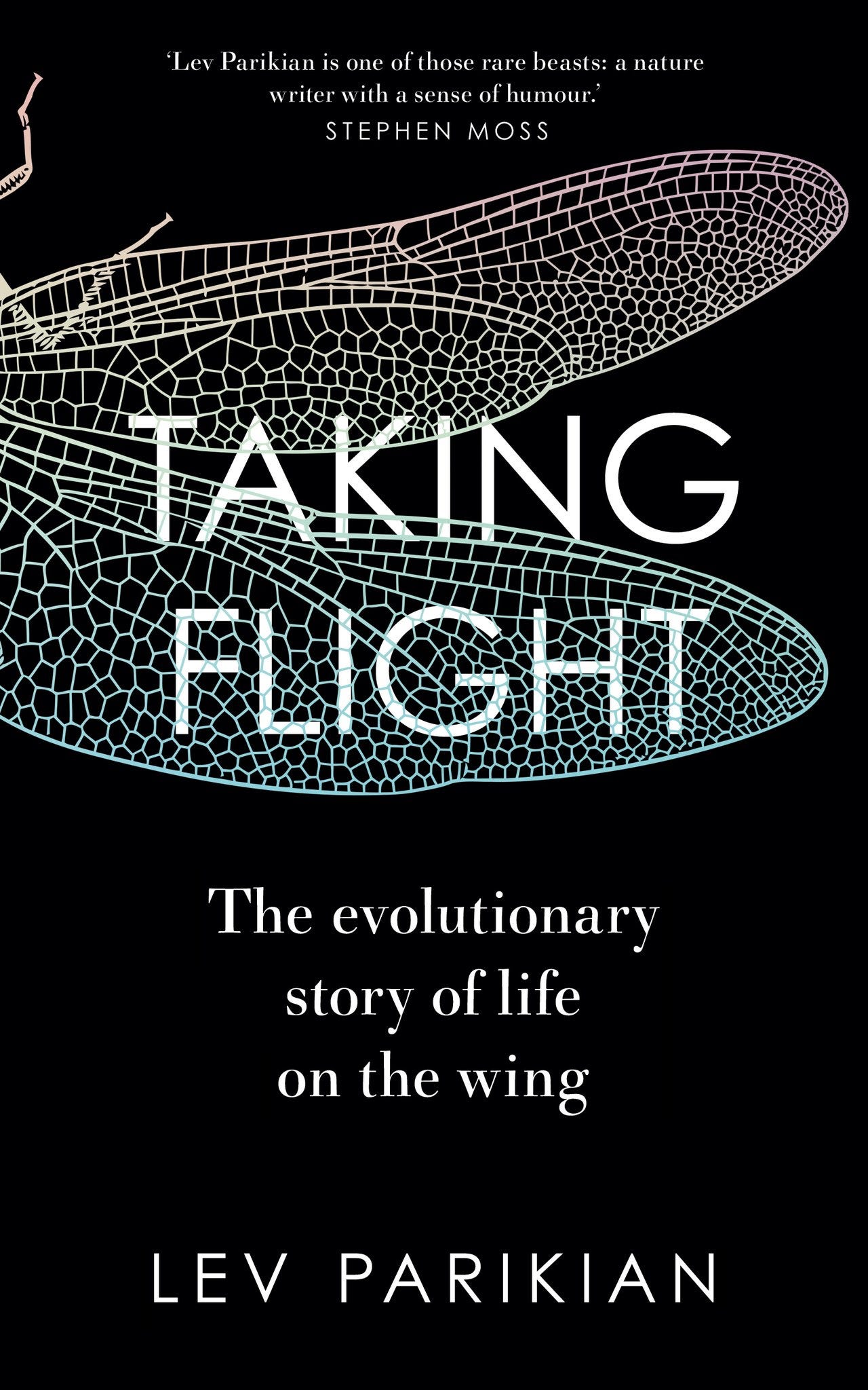 The cover of Taking Flight – black with white lettering (title, author and so forth) and the outline of dragonfly wings.