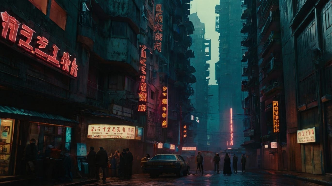 um mundo neo cyberpunk com edifícios cobertos de propagandas em telões de vídeo, estilo blade runner