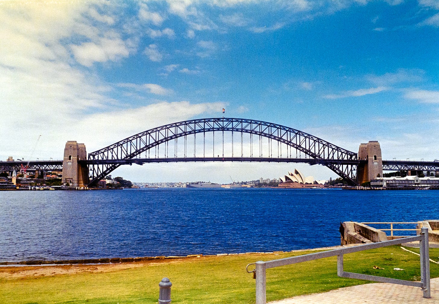 A wide angle image of the Harbor Bridge, in Sydney, Australia