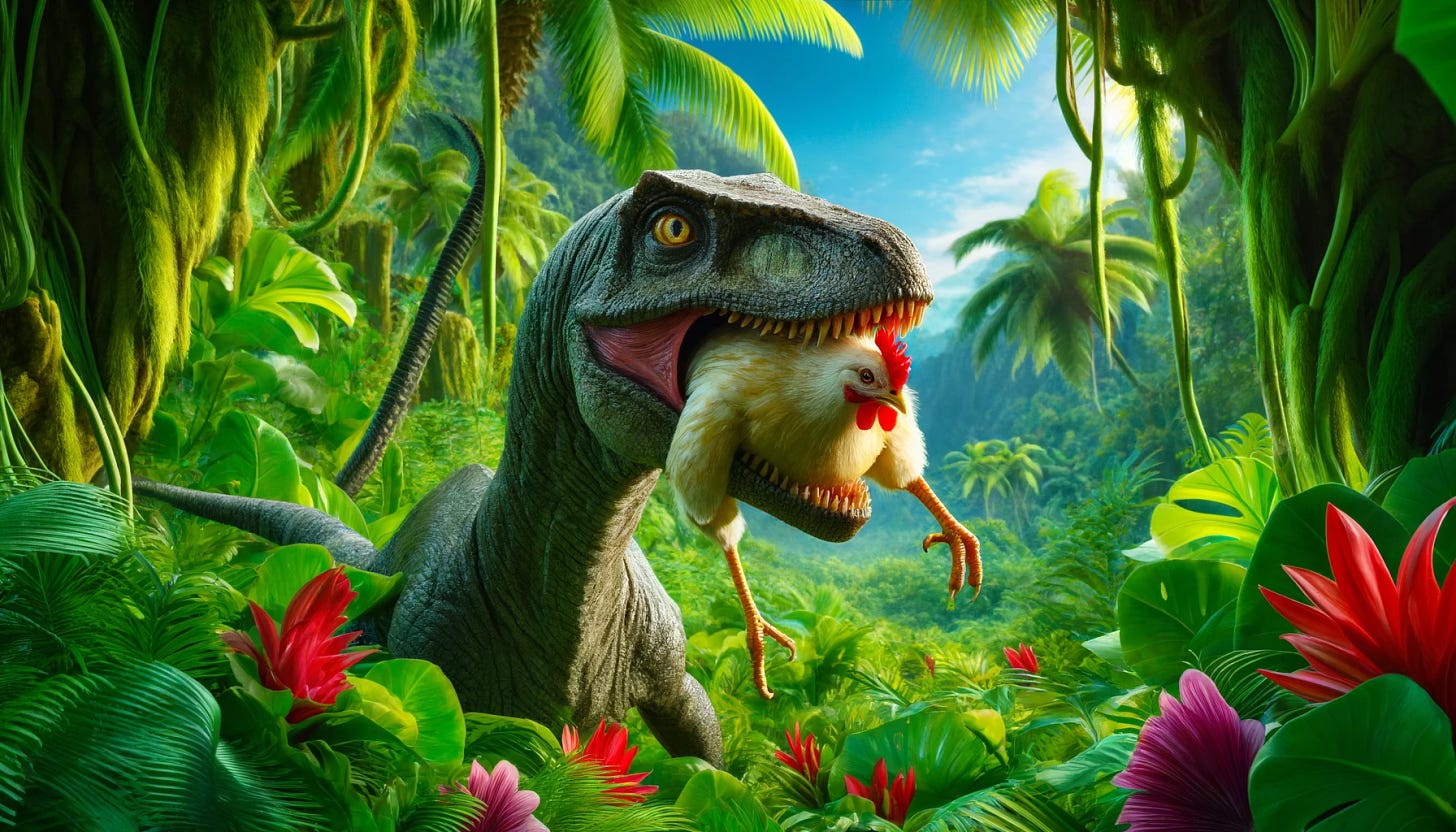 A velociraptor in a lush, tropical fauna setting. The scene is filled with dense green vegetation, tall palm trees, and vibrant tropical plants. The velociraptor, with its sleek, scaly skin and sharp claws, has grabbed a chicken in its mouth. The chicken looks surprised and frightened. The velociraptor's eyes are focused and predatory, highlighting its role as a fierce hunter in this vibrant jungle environment.