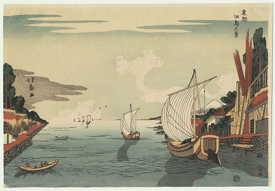 Japanese woodblock art of sailboats