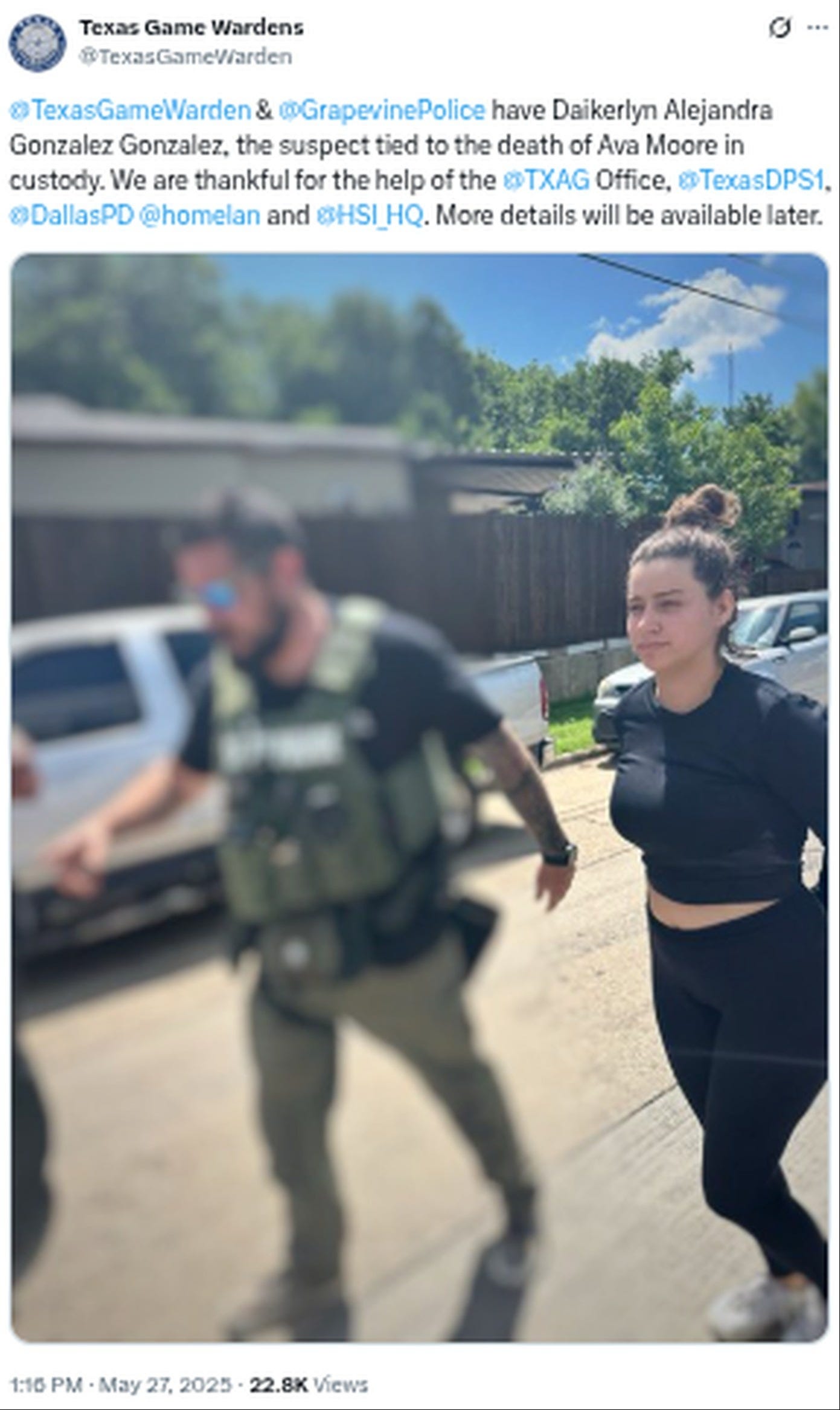 Texas Game Wardens released this photo of the arrest of the female suspect in the killing of Air Force Cadet Candidate Ava Moore. Texas Game Wardens released this photo of the arrest of the female suspect in the killing of Air Force Cadet Candidate Ava Moore.