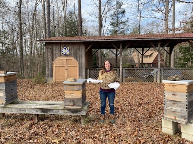 person standing between bee hives holding two trays of sugar bricks