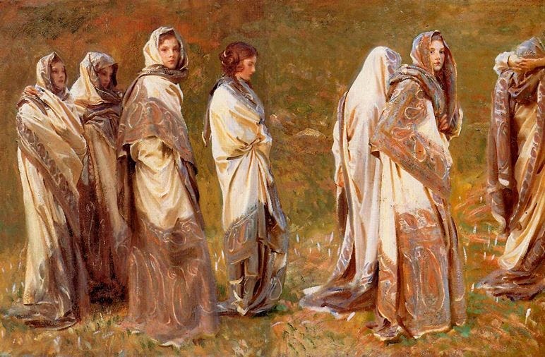 Cashmere (1908) — a procession of young women draped and mostly hooded in Kashmir shawls. Some look ahead, some look out at us. The colours are autumnal, almost muddy — apart from the white and broad patterns of the shawls. Like the wide skirt, Sargent had a collection of Kashmir shawls as ready to hand props — one of which was on display in the exhibition.